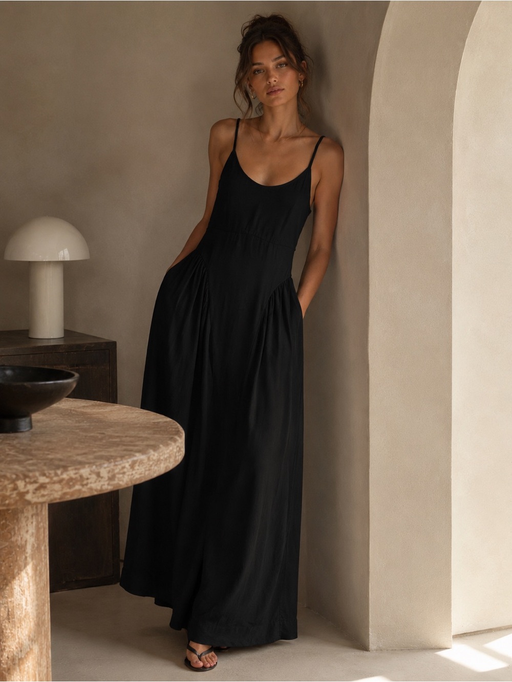 Black Maxi Slip Dress with Spaghetti Straps